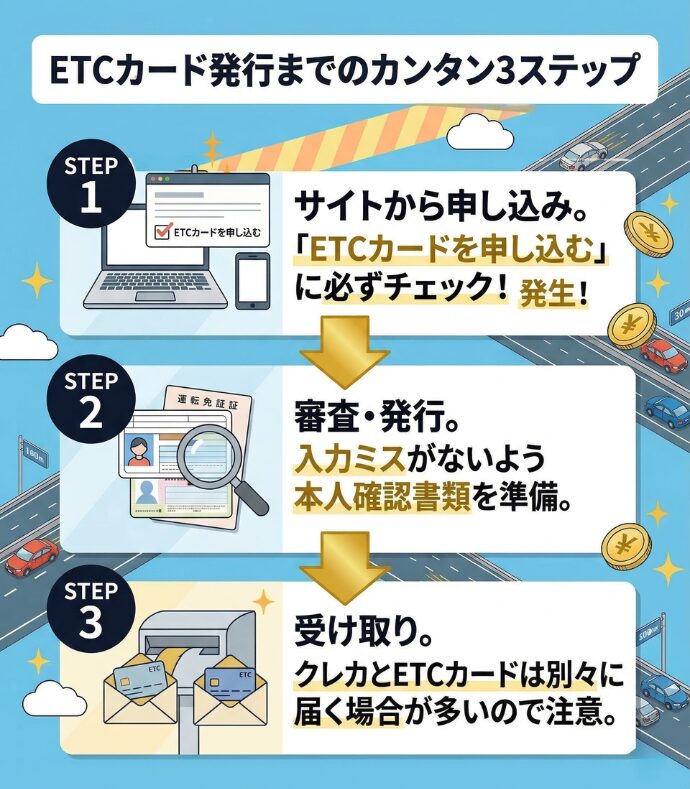 年会費無料ETCカードの申し込みから発行までの3つの手順