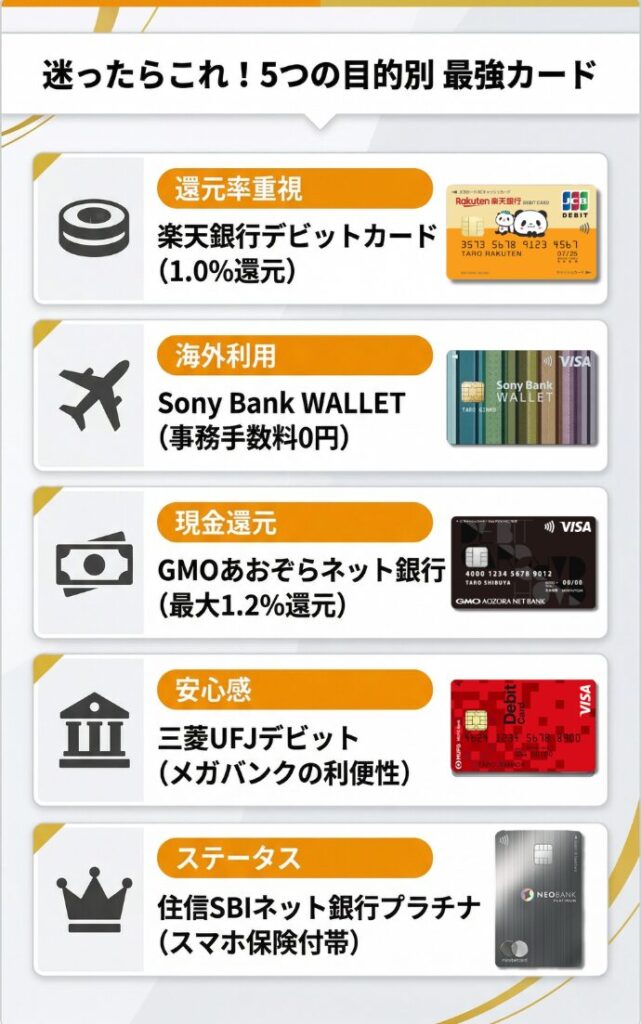 【結論】全27種類から厳選したおすすめの最強デビットカードを5つの目的別に紹介する図